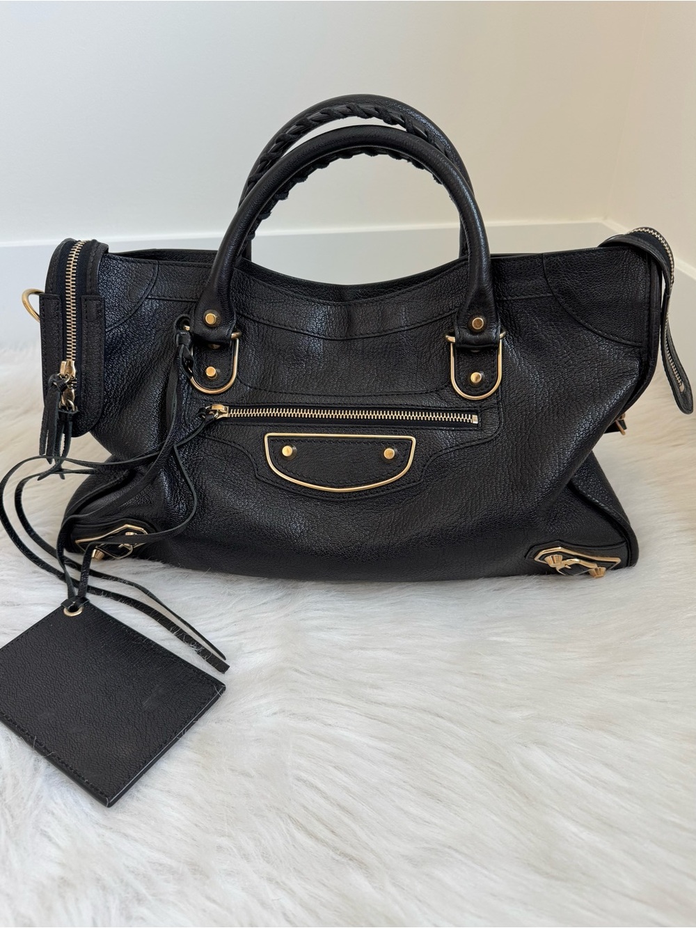Balenciaga metallic edge black motorcycle city bag with gold hardware